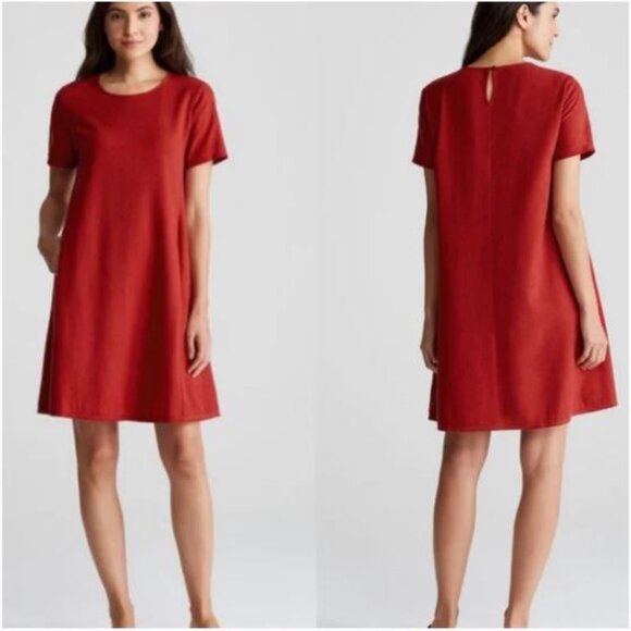 Eileen Fisher Women's Petite Small Red 100% Silk Noil A-Line Textured Dress - Picture 1 of 13